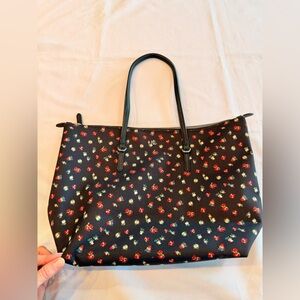 Lauren Ralph Lauren Black Tote with Scattered Red and White Floral Print